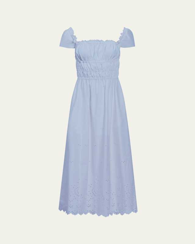Lily Smocked Midi Dress with Eyelet Embroidery